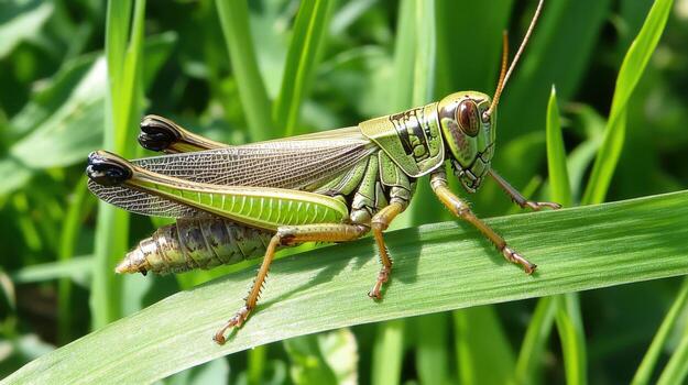 Close-up view of a grasshopper resting on a blade of grass. photo