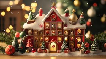 Festive christmas advent calendar display on a wooden surface. photo