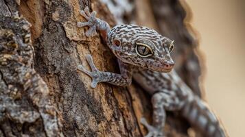 Close-up view of a speckled gecko on a tree bark. photo