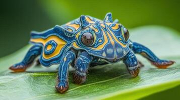 Detailed close-up view of a colorful insect. photo