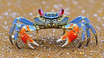 Vibrant colorful crab facing forward on sandy beach. photo