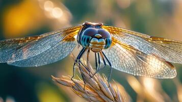 Close-up view of a dragonfly resting on a plant stem. photo
