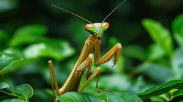 Close-up view of a vibrant praying mantis on lush foliage. photo