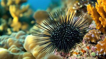 Close-up view of a black sea urchin amongst coral. photo