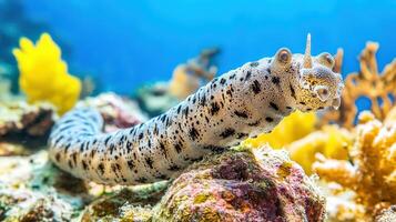 Close-up of a spotted sea slug in an aquarium setting. photo