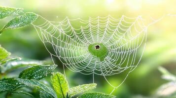 Delicate spiderweb in morning dew on lush foliage. photo
