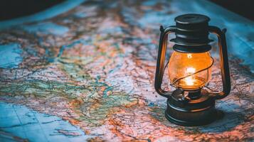 Illuminated antique lantern rests on detailed world map. photo