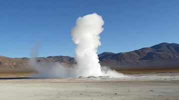 Dramatic geyser eruption in a desert landscape. photo