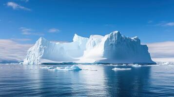 Massive iceberg floats on a tranquil blue sea under a vibrant sky. photo