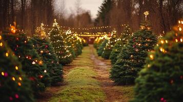 Winter wonderland Christmas tree farm pathway. photo