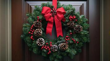 Holiday wreath adornment on a dark wooden door. photo