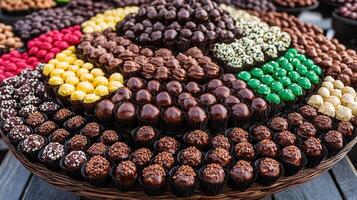 Colorful chocolate truffles arranged in a tiered display. photo