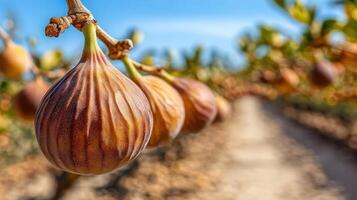 Close-up view of figs hanging from branches in an orchard. photo