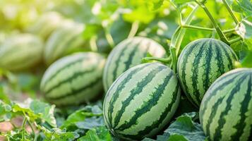 Fresh watermelons growing on vines in a field. photo