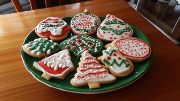 Festive Christmas cookies arranged on a green plate. photo