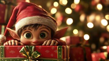 Festive elf figure nestled within a gift box. photo
