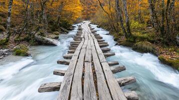 Autumnal wooden footbridge over a rushing stream. photo