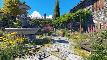 Sunny courtyard with fountain and flowers in a picturesque village. photo