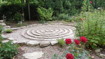 Circular stone path design within a garden setting. photo
