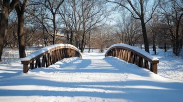 Winter scene of a snow-covered arched bridge in a park. photo