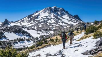 Hikers ascend a snow-capped mountain pass. photo