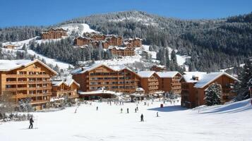 Snowy ski resort village nestled in a mountain valley. photo
