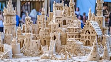 Detailed sandcastle city structure, intricate design. photo