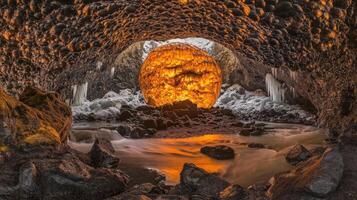 Lava cave interior featuring a glowing orb. photo