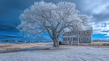 A majestic, frosted tree stands guard over a quaint, colonial house. photo