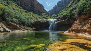 Scenic mountain waterfall cascading into a tranquil pool. photo