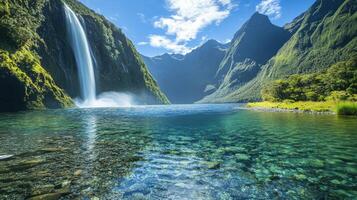 Stunning waterfall cascading into a crystal-clear alpine lake. photo