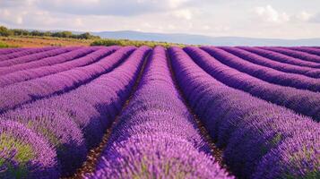 Lavender field rows stretching across a landscape. photo