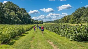 People jogging through a berry farm on a sunny day. photo