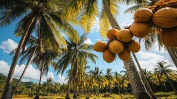 Lush tropical palm trees with bunches of coconuts overhead. photo