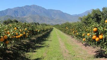Scenic orchard path through citrus groves with mountains. photo
