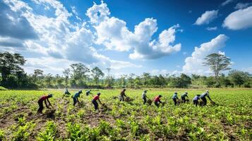 Rural agricultural workers cultivating a field under a vibrant sky. photo