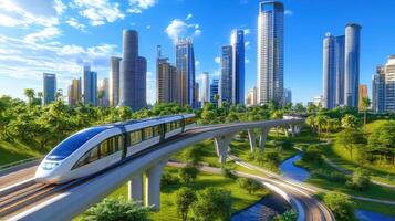Futuristic cityscape with elevated train. photo