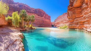 Vibrant turquoise pool nestled within a red canyon. photo