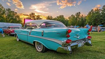 Retro turquoise automobile in a grassy field under a colorful sunset. photo