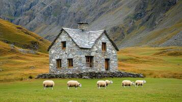 Picturesque stone dwelling nestled within a mountainous pasture with grazing sheep. photo
