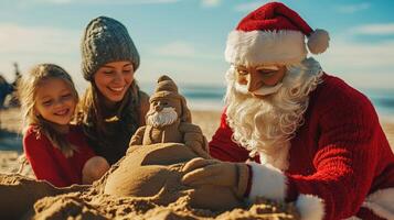 Festive holiday scene of jolly figure sculpting on the beach. photo
