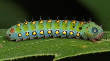 Close-up of a colorful caterpillar on a leaf. photo