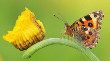Close-up of a colorful butterfly perched on a plant stem. photo