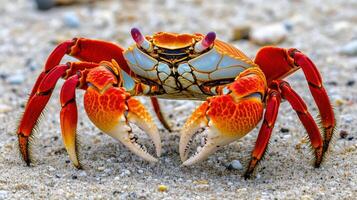 Close-up view of a vibrant orange crab on sandy ground. photo