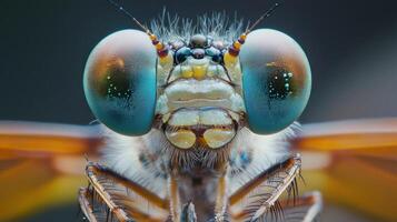 Close-up view of an insect's face with vibrant eyes. photo
