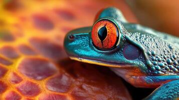 Close-up view of a vibrant, colorful tree frog. photo