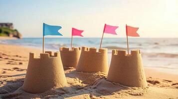 Colorful sandcastles stand tall on a sun-drenched beach. photo
