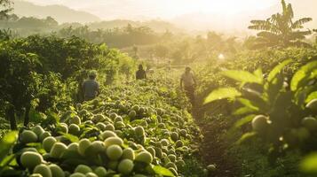 Sunrise over a fruit orchard, with workers harvesting. photo