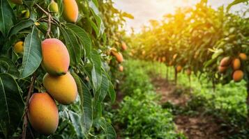 Mangoes are growing on the tree in a field photo
