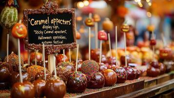 Autumn festival caramel apples displayed for sale. photo